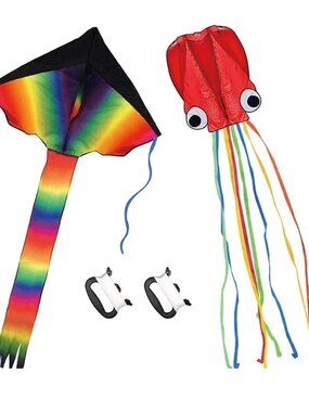 LARGE RAINBOW & OCTOPUS KITES- LONG COLORFUL TAILS-2 PACK - NEW